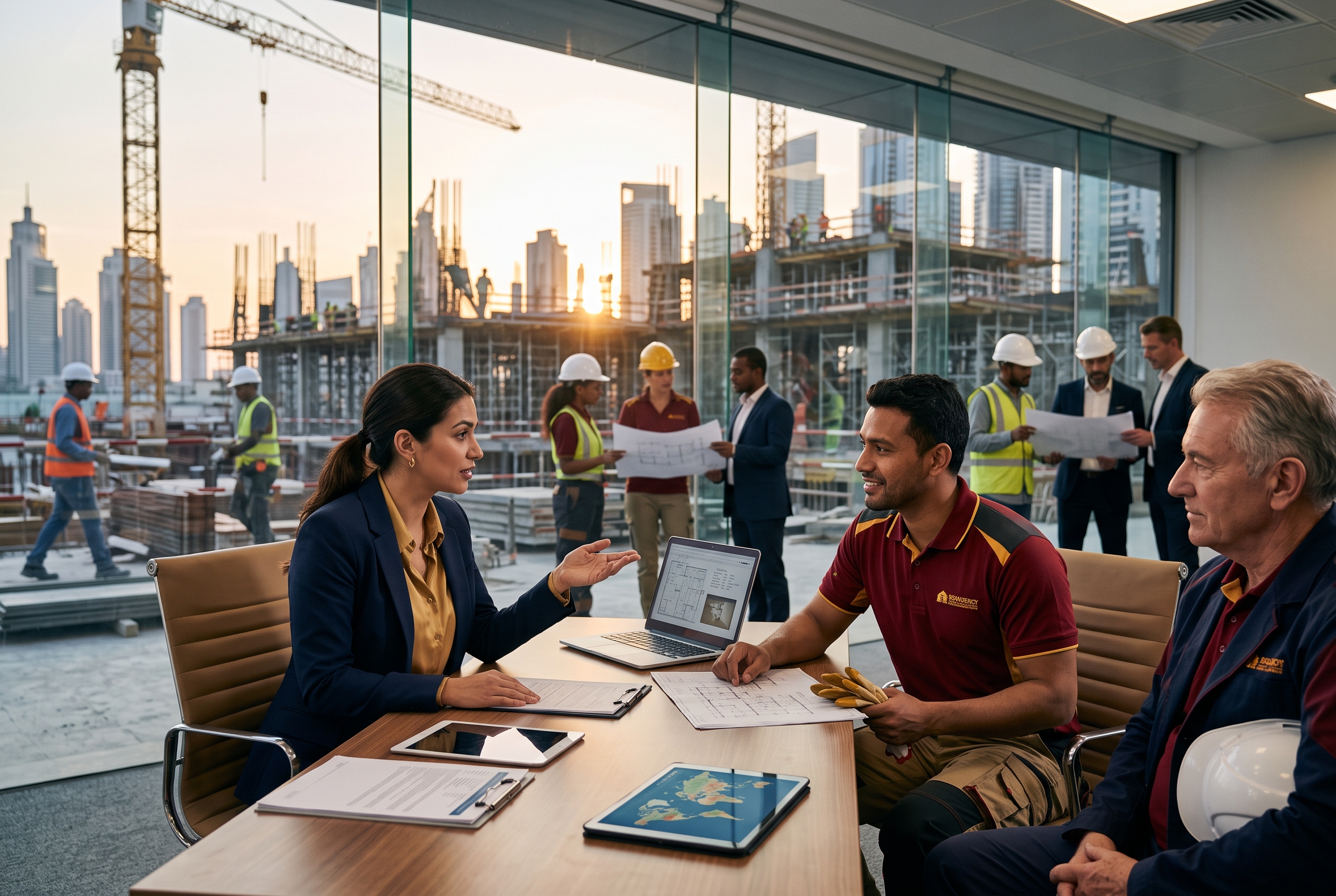A photo that illustrates "How to Hire Construction Workers from Abroad: A Practical Guide" dark red navy and gold