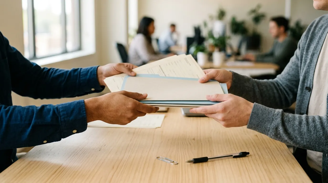 Un candidat tend une pile de dossiers par-dessus un bureau à un agent de recrutement.