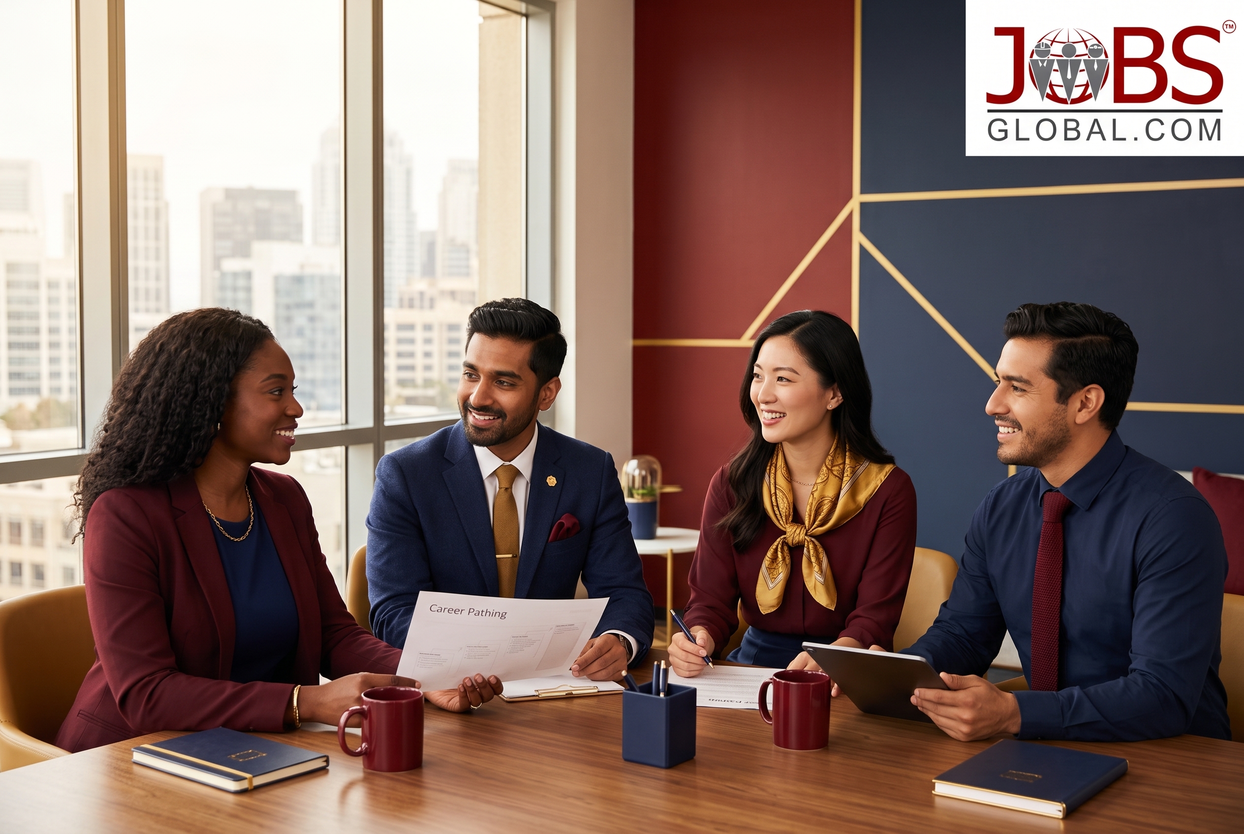 A photo that illustrates "Retaining International Hires: Workplace Culture and Community" dark red navy and gold