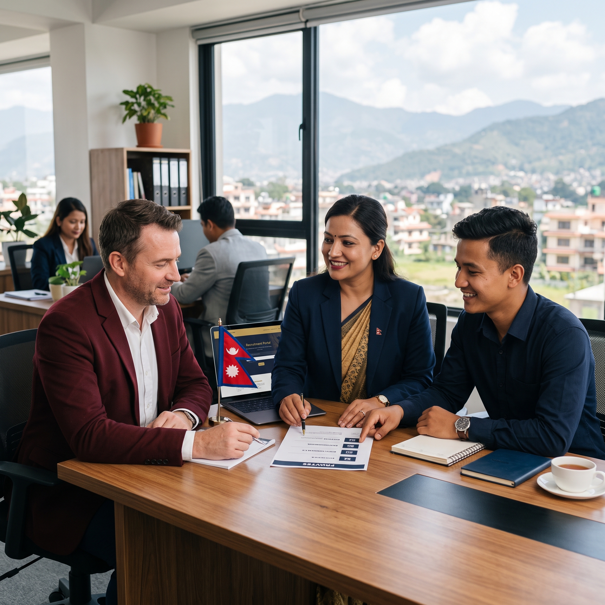A photo that illustrates "How to Hire Workers from Nepal: A Step-by-Step Guide" dark red navy blue and gold